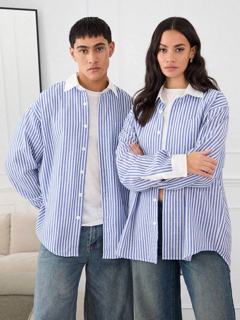 Unisex Blue & White Contrast Collar Striped Long Sleeve Shirt 