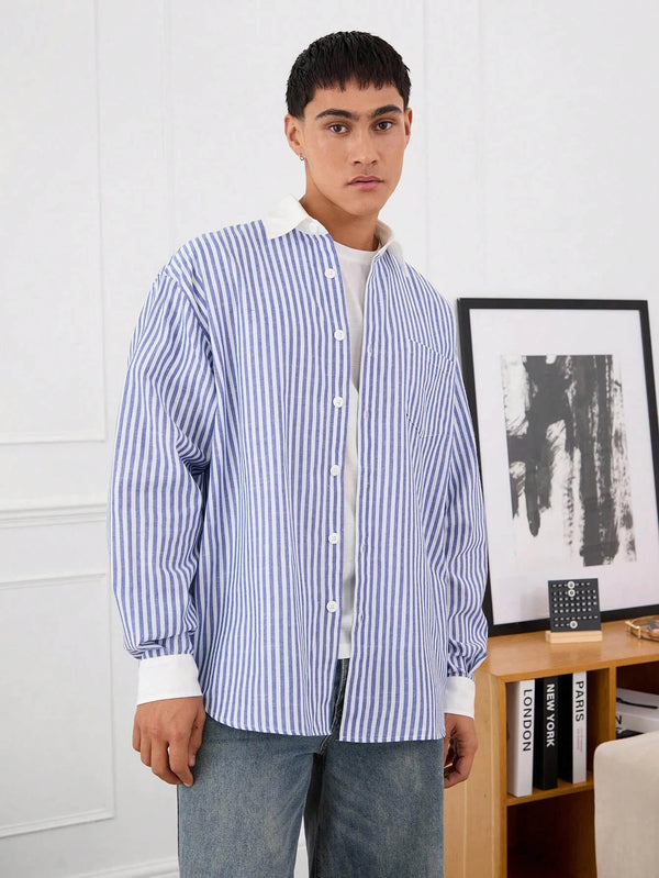 Unisex Blue & White Contrast Collar Striped Long Sleeve Shirt 