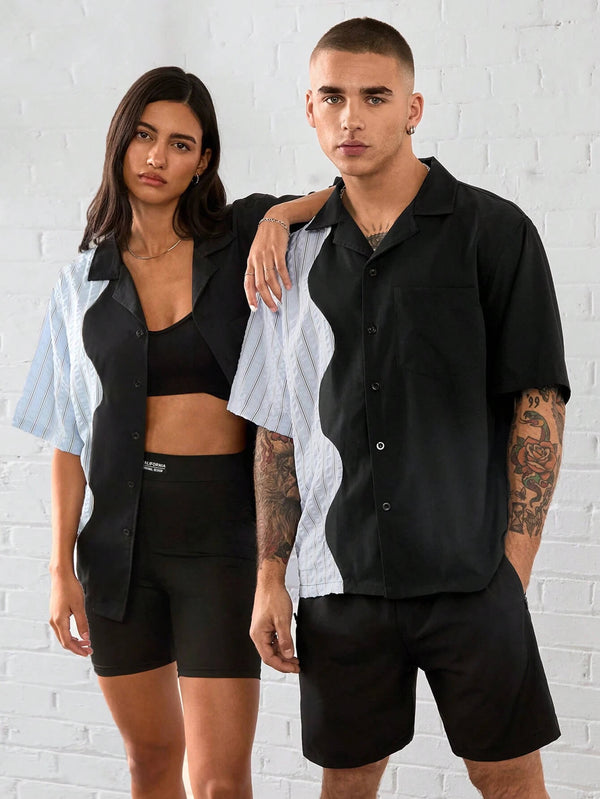 Unisex Casual Striped Loose Raglan Short Sleeve Shirt  