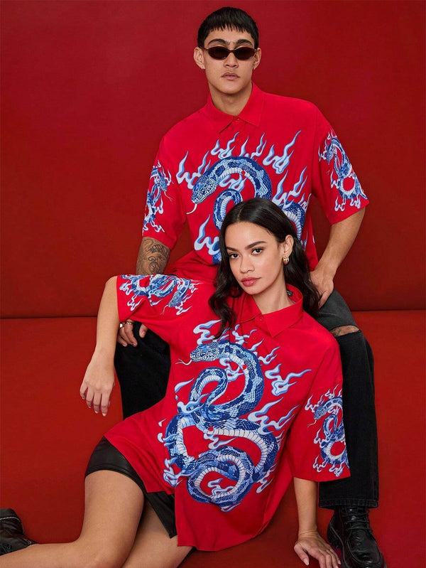 Unisex Chinese Zodiac Snake Year Lucky Cloud Print Short Sleeve Shirt  