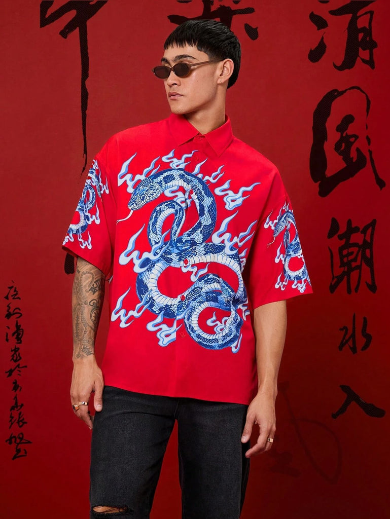 Unisex Chinese Zodiac Snake Print Short Sleeve Shirt 