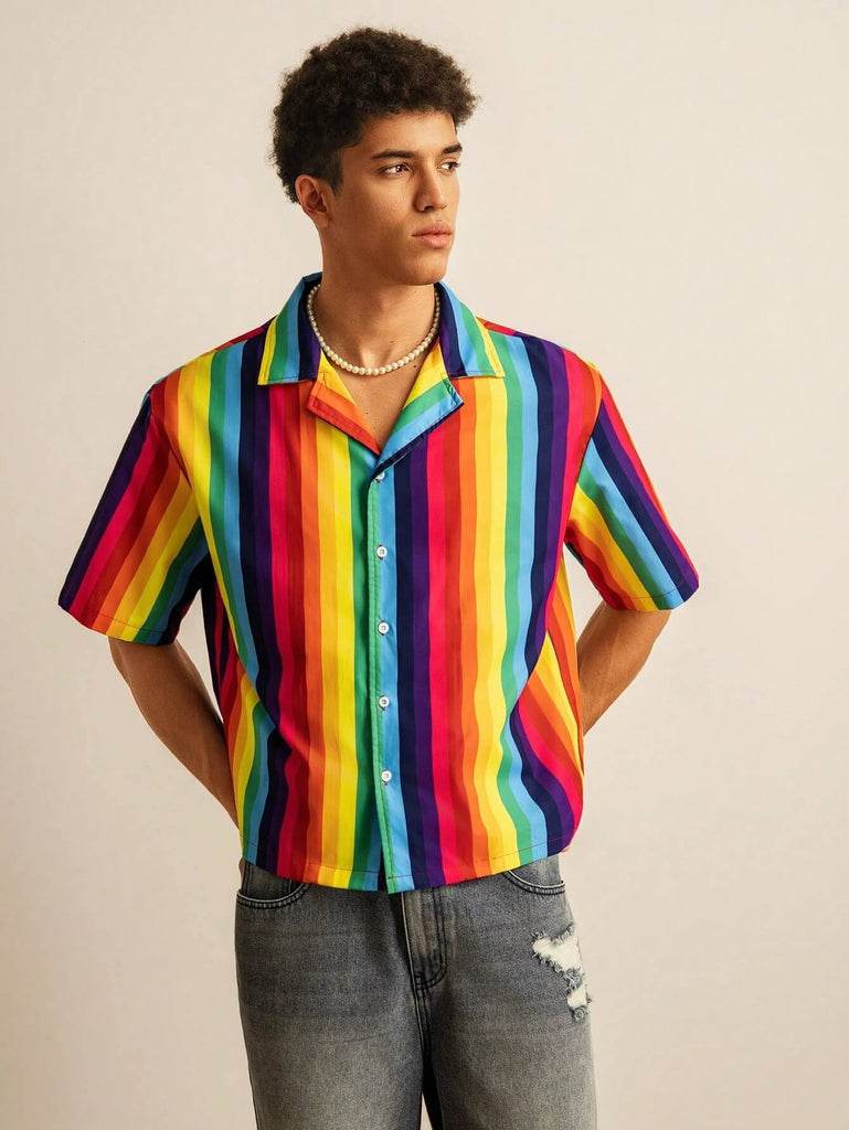 Vacation Style Colorful Striped Short Sleeve Cardigan Shirt
