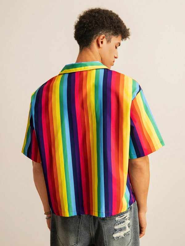 Vacation Style Colorful Striped Short Sleeve Cardigan Shirt