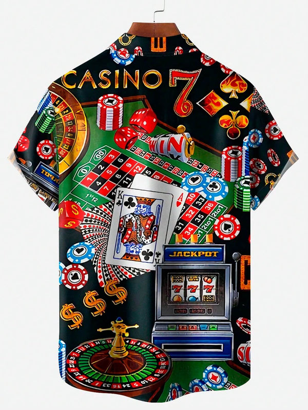 Vintage Playing Card Print Short Sleeve Hawaiian Vacation Shirt 