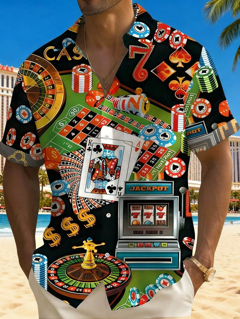 Vintage Playing Card Print Hawaiian Short Sleeve Shirt