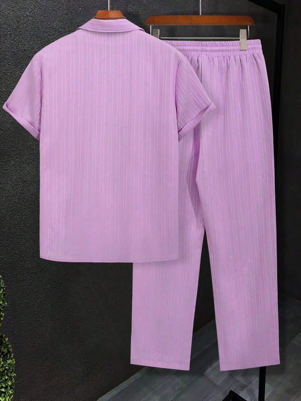 Men Light Purple Solid Color Short Sleeve Shirt & Pants Set