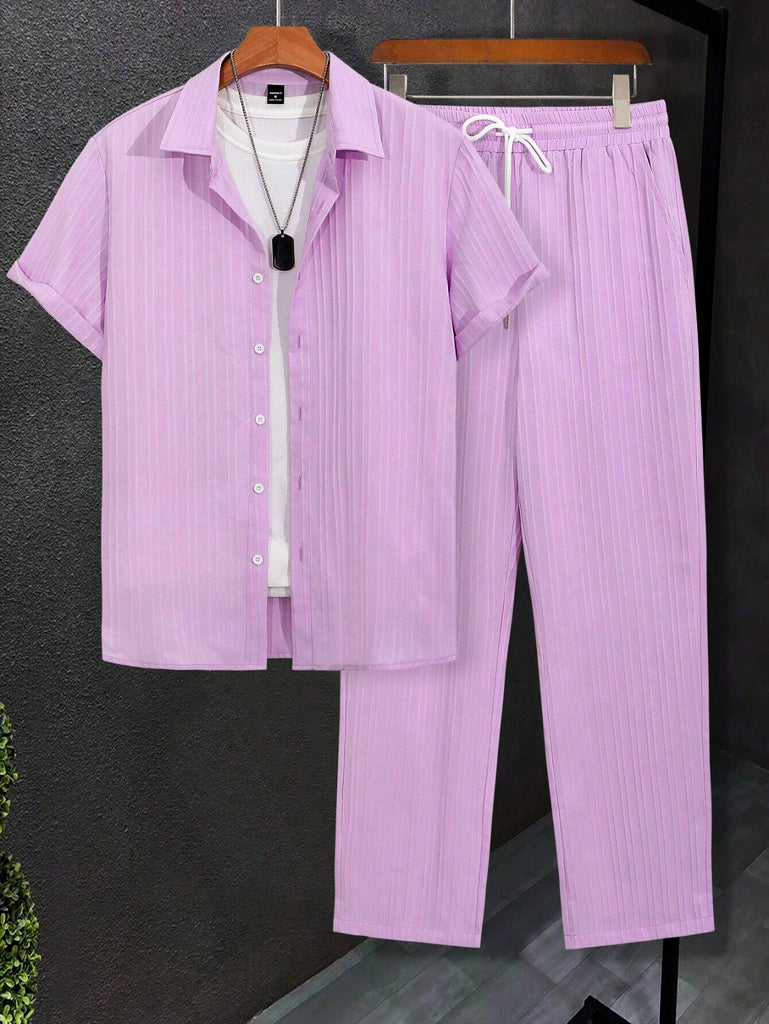 Men Light Pink Solid Color Short Sleeve Shirt & Pants Set