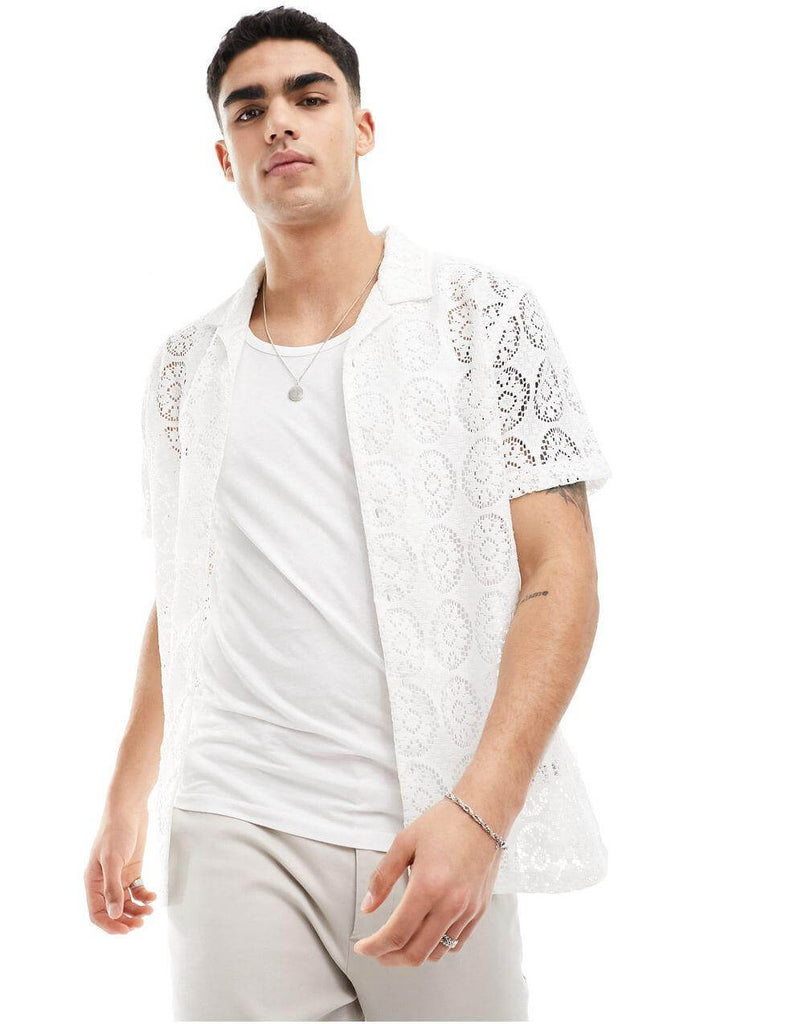 White Crochet Rebel Collar Shirt