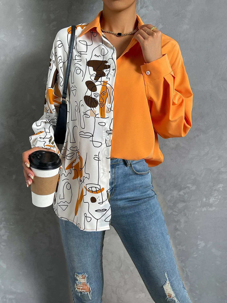Women's Abstract Face Print Color Block Long Sleeve Shirt 