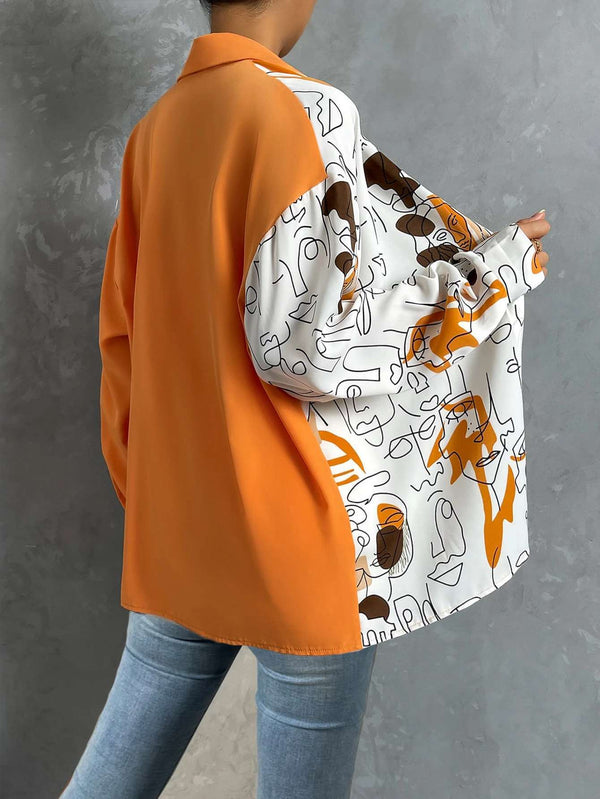 Women's Abstract Face Print Color Block Long Sleeve Shirt 
