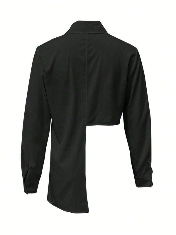Women's Asymmetrical High-Low Black Long Sleeve Shirt 
