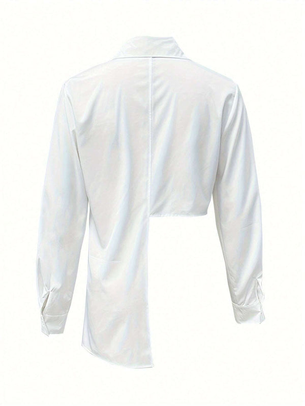 Women's Asymmetrical High-Low White Long Sleeve Shirt 