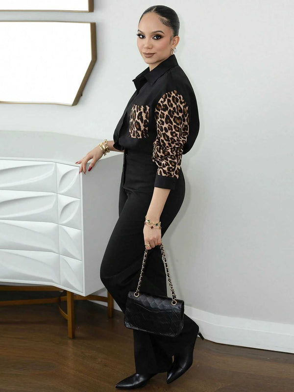 Women's Black Leopard Contrast Long Sleeve Shirt 