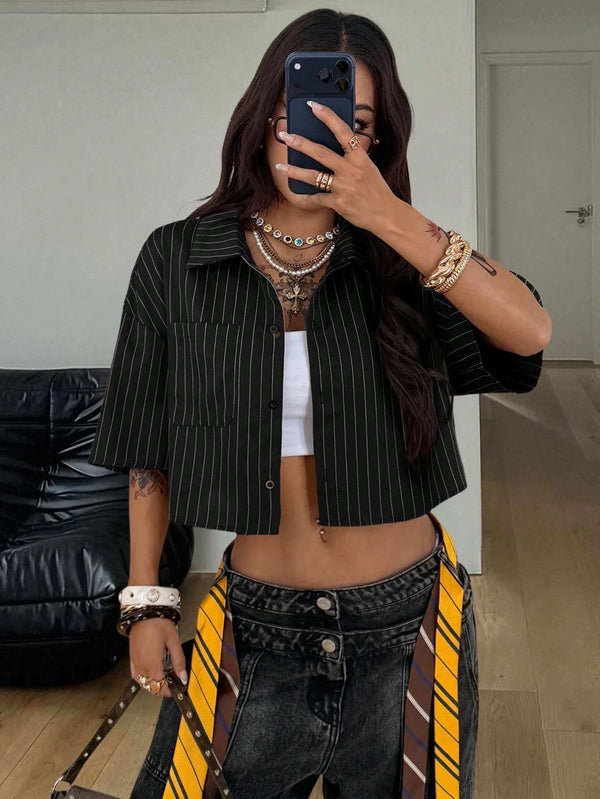 Women's Black Pinstripe Crop Shirt 