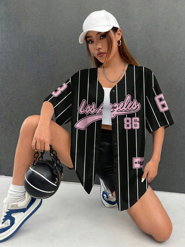 Women's Black & Pink Pinstripe Baseball Style Shirt 