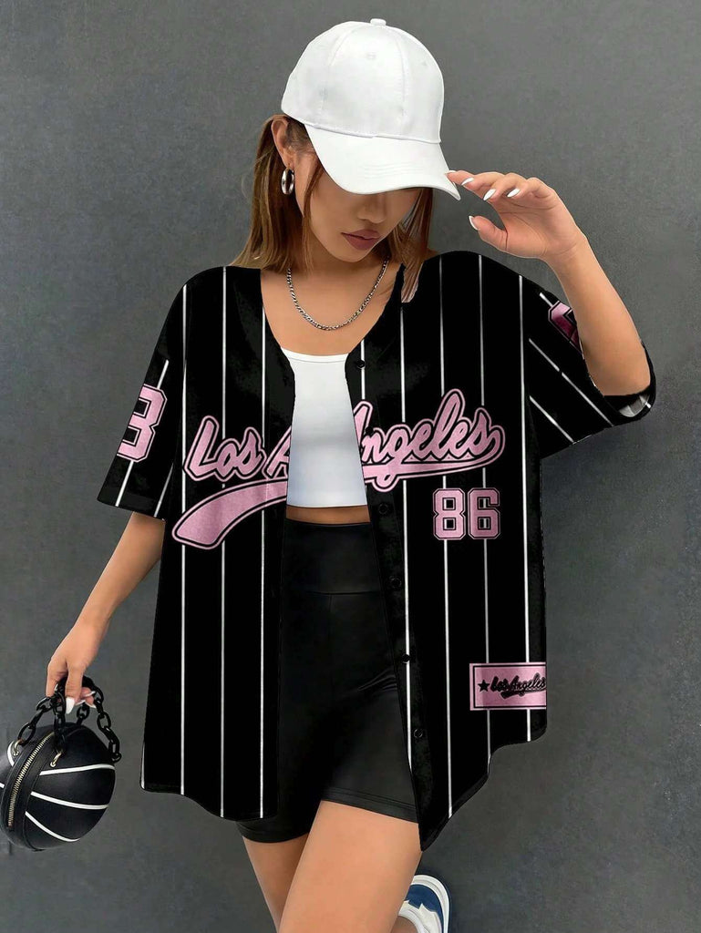 Women's Black & Pink Pinstripe Baseball Style Shirt 