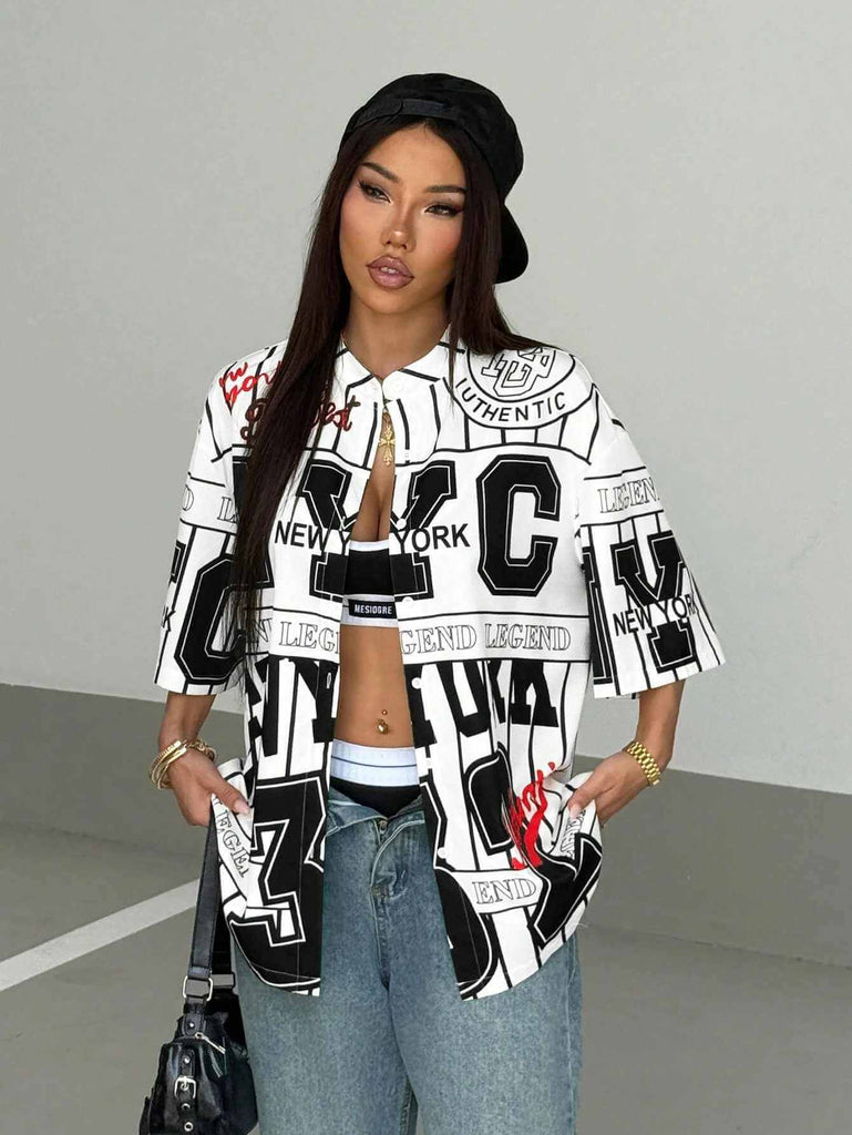 Women's Black & White Graphic Letter Print Shirt 