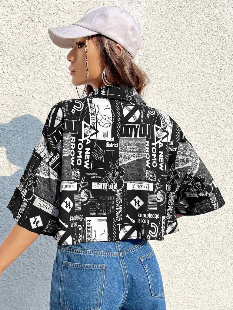 Women's Black & White Graphic Print Crop Shirt 