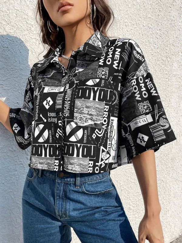 Women's Black & White Graphic Print Crop Shirt 