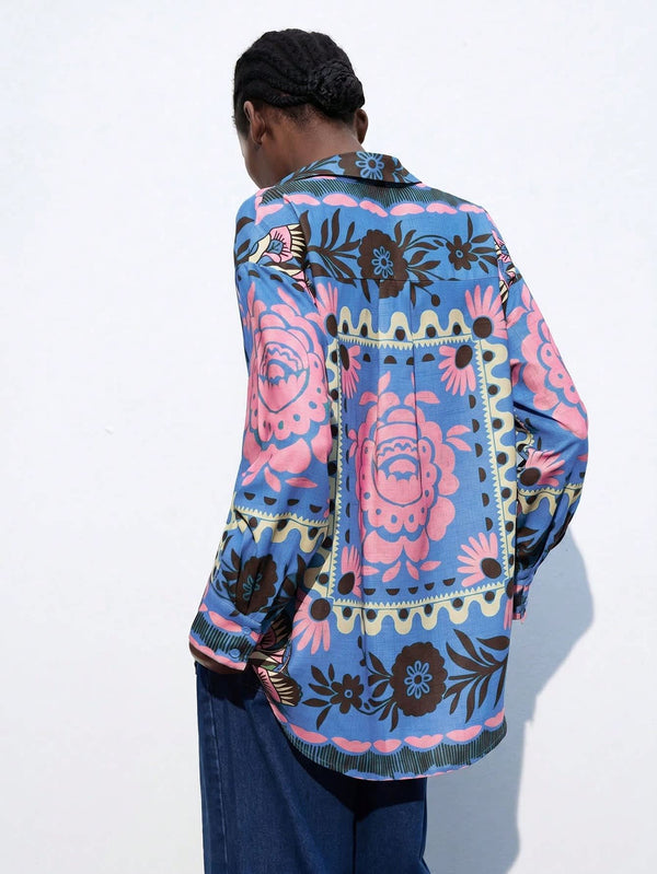 Women's Blue & Pink Floral Long Sleeve Shirt 