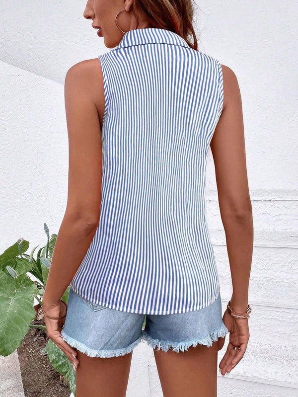 Women's Blue & White Vertical Striped Sleeveless Shirt 