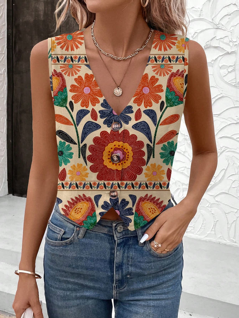 Women's Bohemian Style Floral Print Vest Top