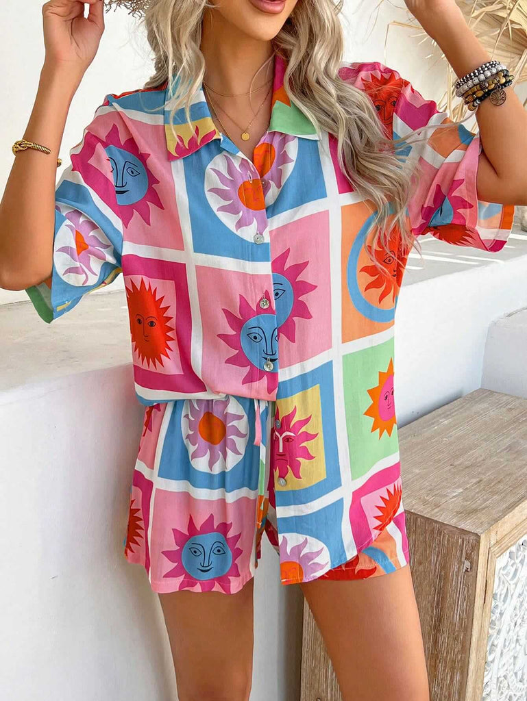 Women's Boho Sun Print Short Sleeve Shirt 