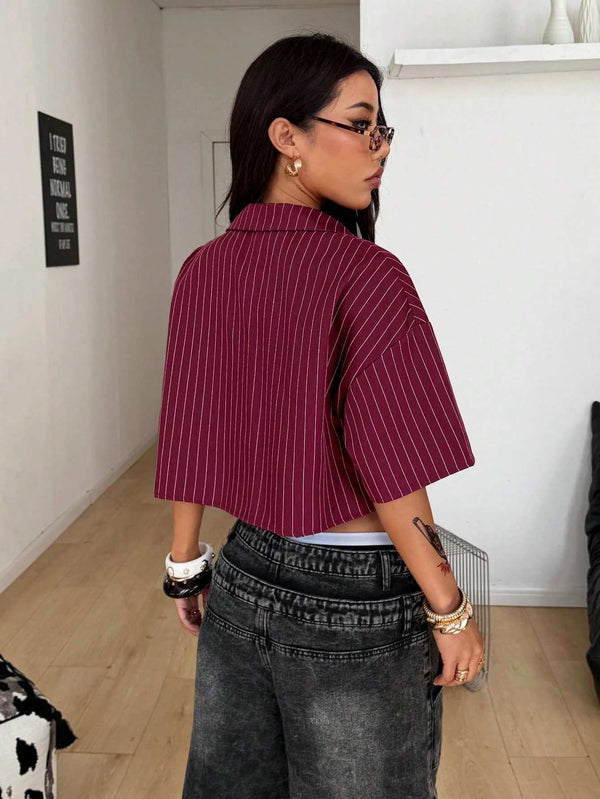 Women's Burgundy Pinstripe Crop Shirt 