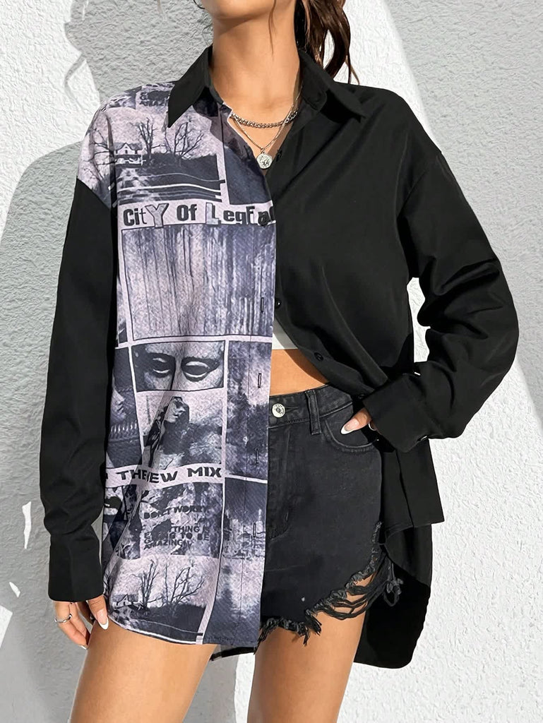 Women's City Print Vintage Graphic Panel Shirt