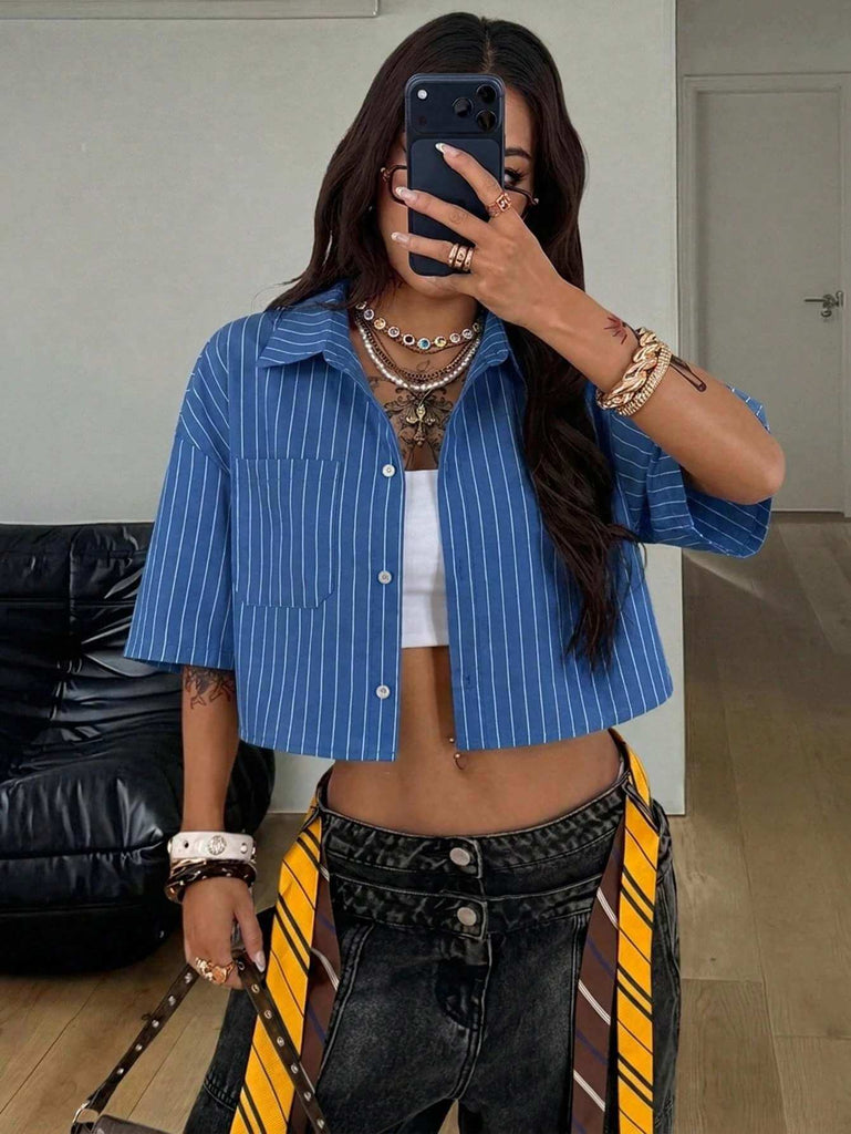 Women's Classic Blue Pinstripe Crop Shirt 