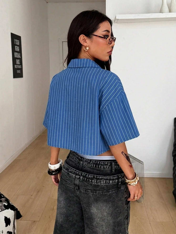 Women's Classic Blue Pinstripe Crop Shirt 