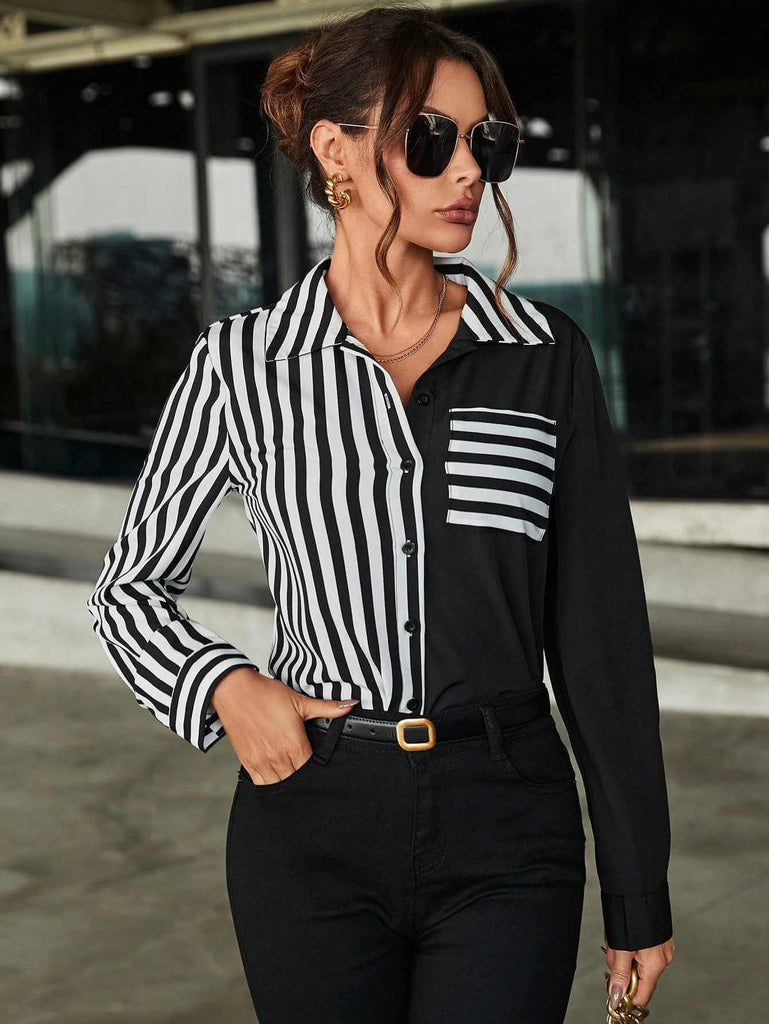Women's Classic Monochrome Color Block Stripe Long Sleve Shirt 