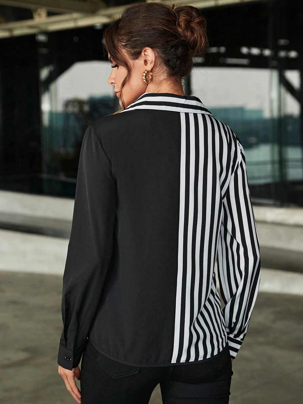 Women's Classic Monochrome Color Block Stripe Long Sleve Shirt 