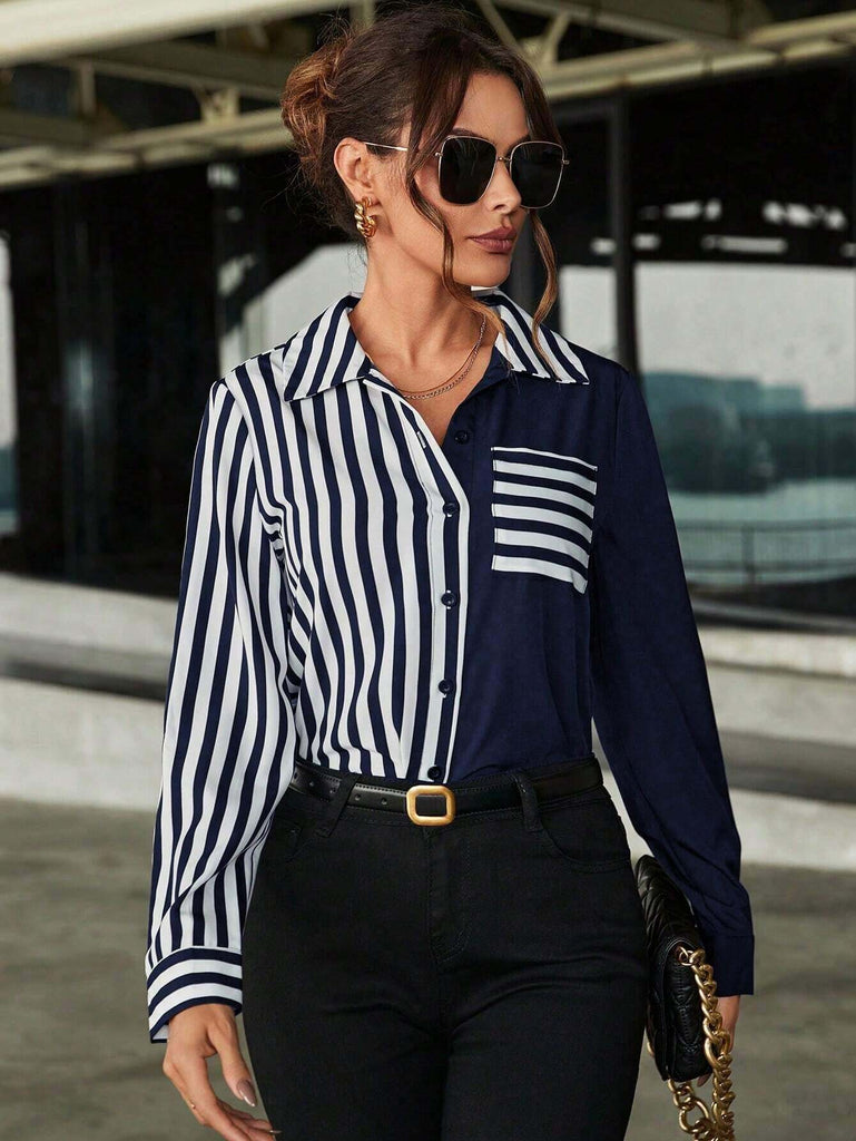 Women's Classic Navy Blue Color Block Stripe Shirt 