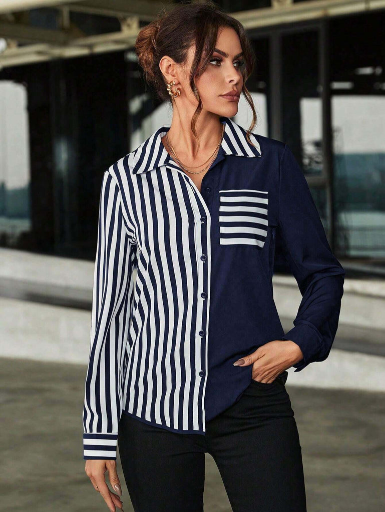 Women's Classic Navy Blue Color Block Stripe Shirt 