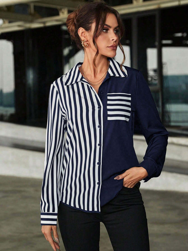Women's Classic Navy Blue Color Block Stripe Shirt 