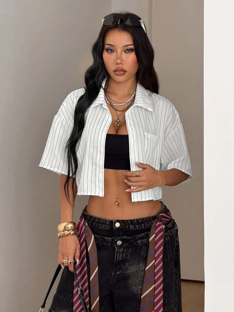 Women's Classic White Pinstripe Crop Shirt 