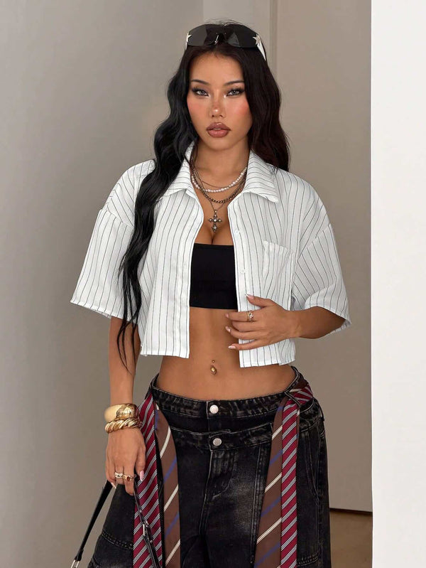 Women's Classic White Pinstripe Crop Shirt 