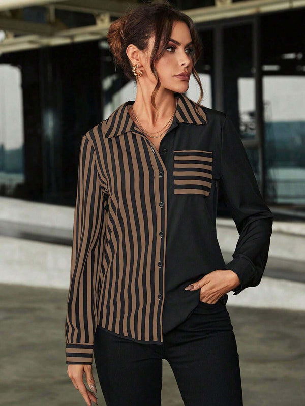 Women's Coffee Brown Monochrome Stripe Shirt 