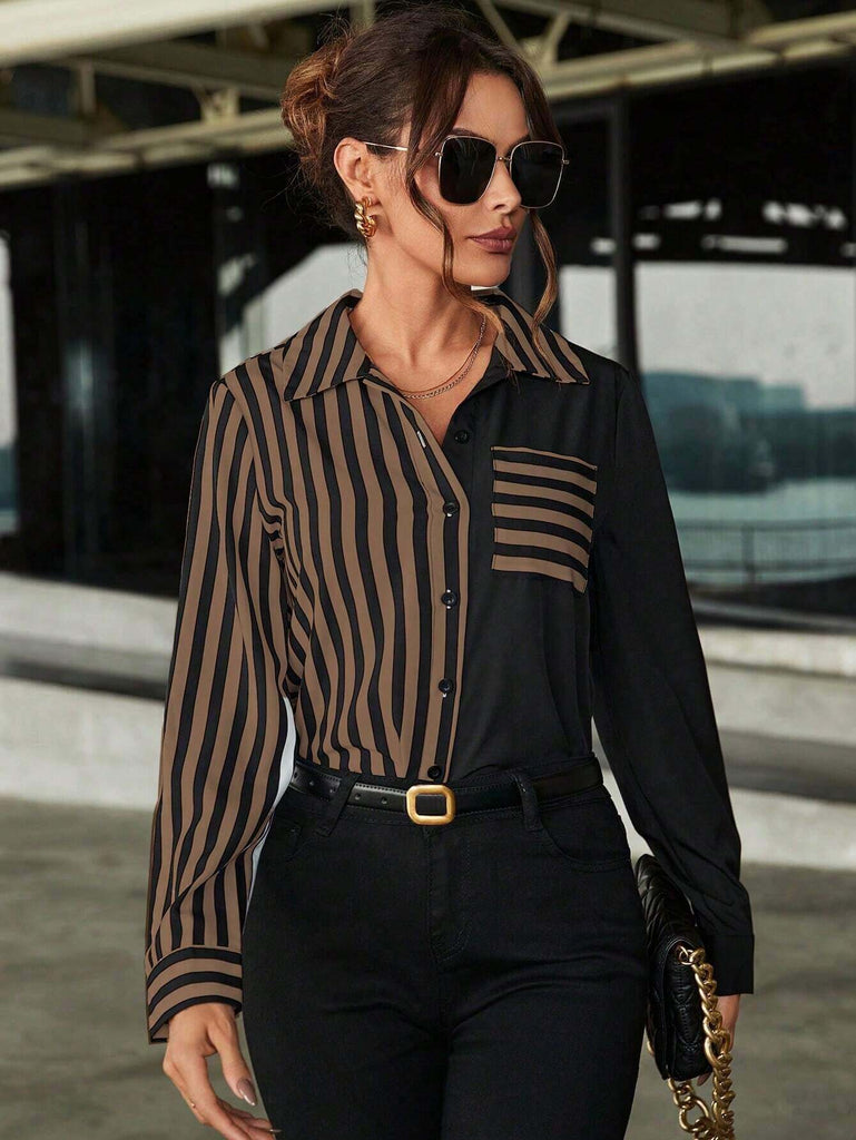 Women's Coffee Brown Monochrome Stripe Shirt 