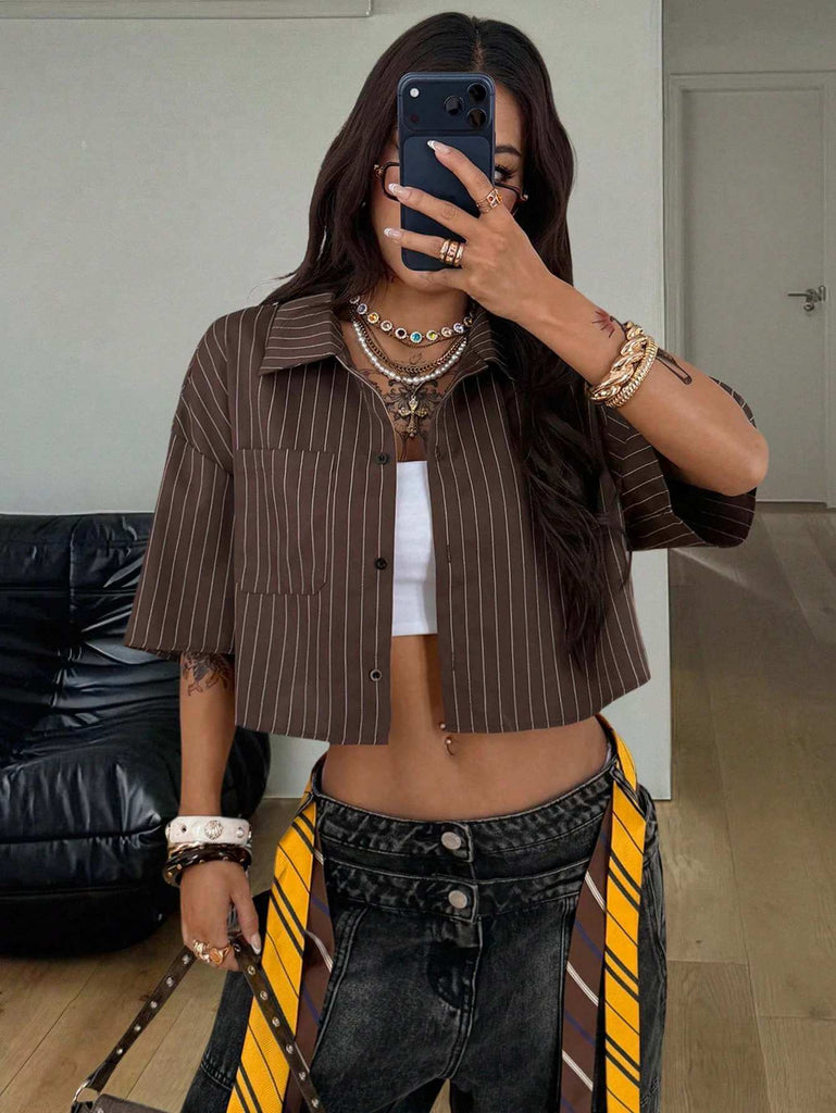 Women's Coffee Brown Pinstripe Crop Shirt 