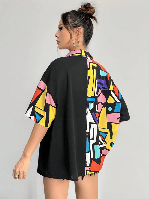 Women's Contrast Color Block Print Shirt 