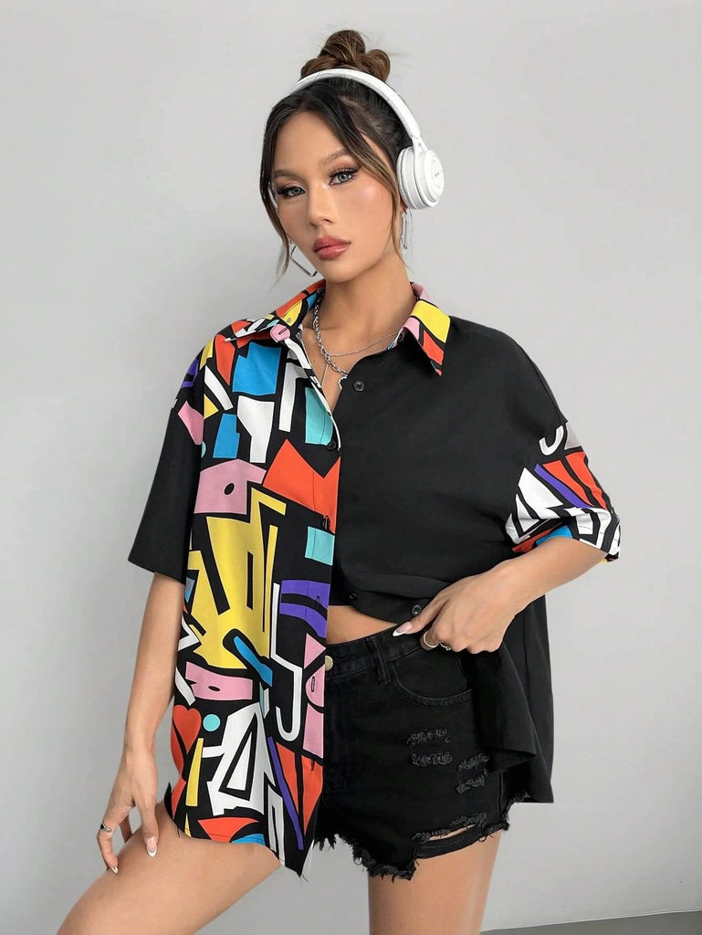Women's Contrast Color Block Print Shirt 