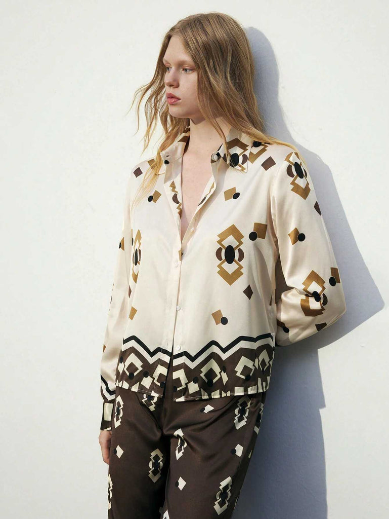 Women's Cream Geometric Print Long Sleeve Shirt 