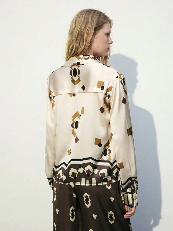 Women's Cream Geometric Print Long Sleeve Shirt 