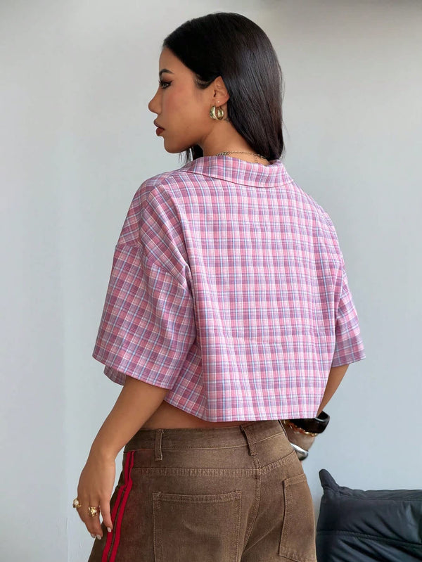 Women's Dusty Rose Pink Vintage Plaid Crop Shirt 