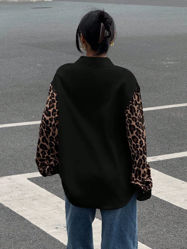 Women's Elegant Black Leopard Contrast Long Sleeve Shirt 
