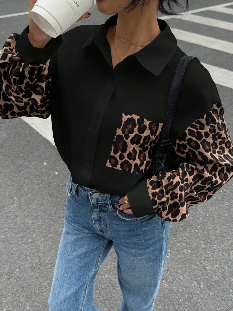 Women's Elegant Black Leopard Contrast Long Sleeve Shirt 