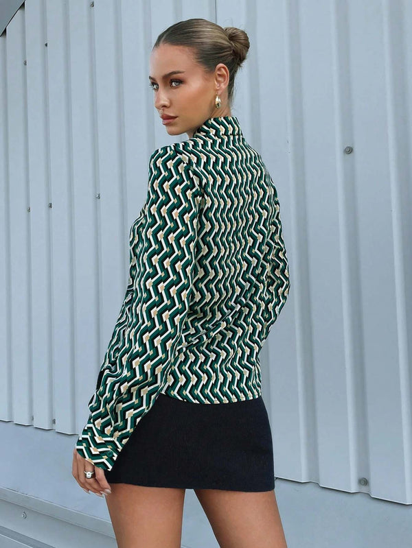Women's Emerald Green Geometric Print Long Sleeve Shirt 