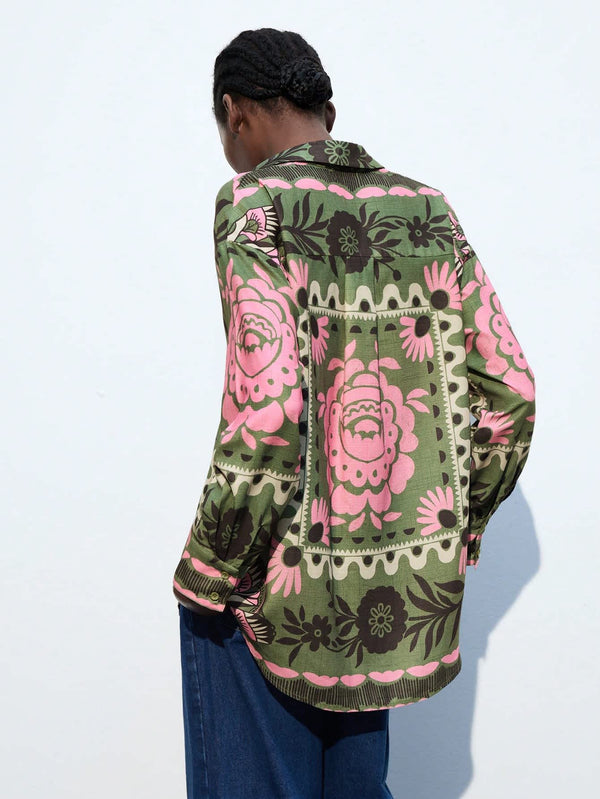 Women's Green & Pink Floral Print Long Sleeve Shirt 